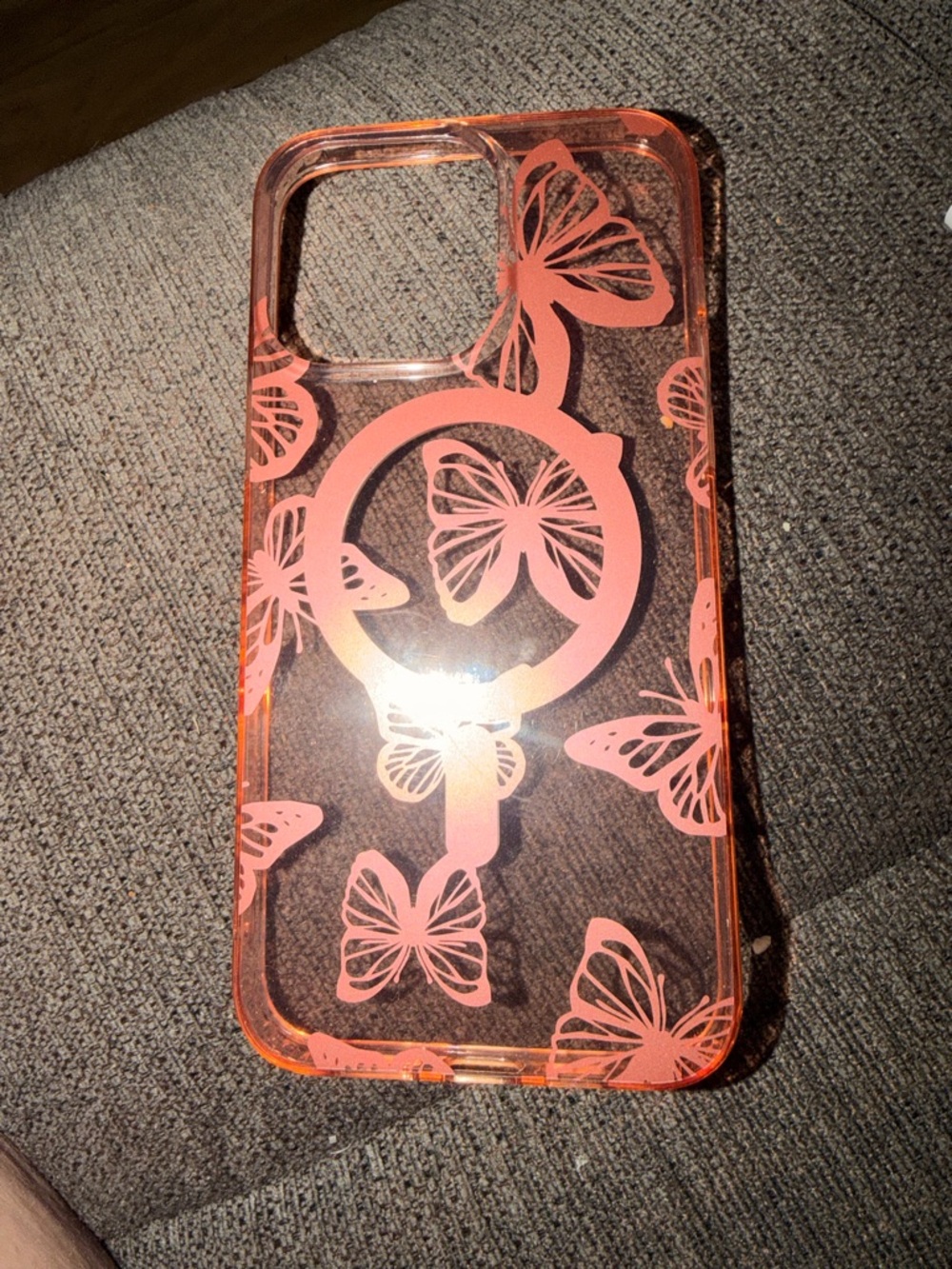 NWOT, Pink Butterfly Clear Phone Case with Ring Grip IPhone 15 Plus phone case.
